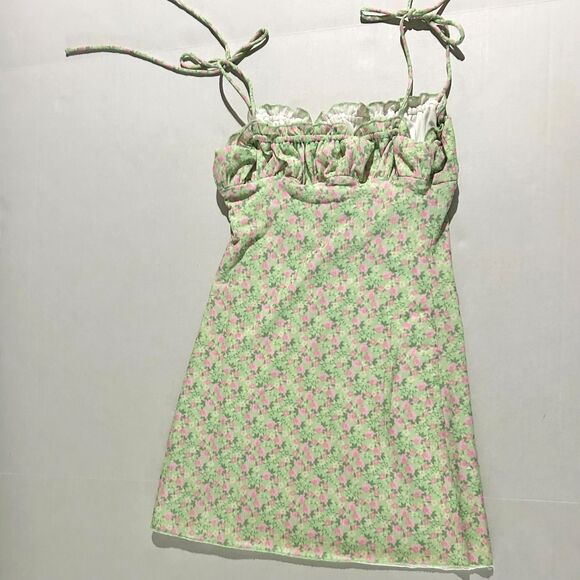 Princess Polly, Ruched Bust, Tie Straps, Green Floral Mini Dress, sz 4, Coquette - Picture 3 of 4